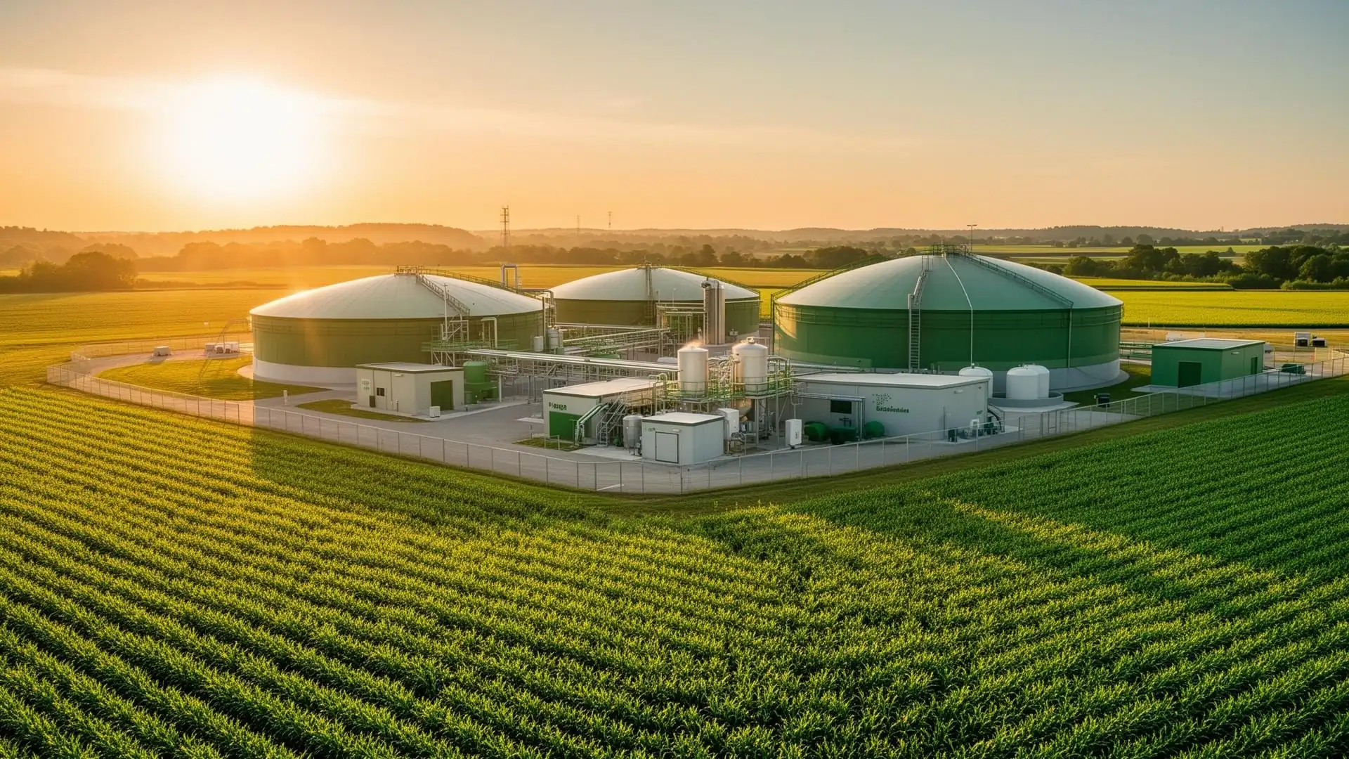 Zohar Bio Systems waste-to-energy biogas facility beside green crop fields at sunset