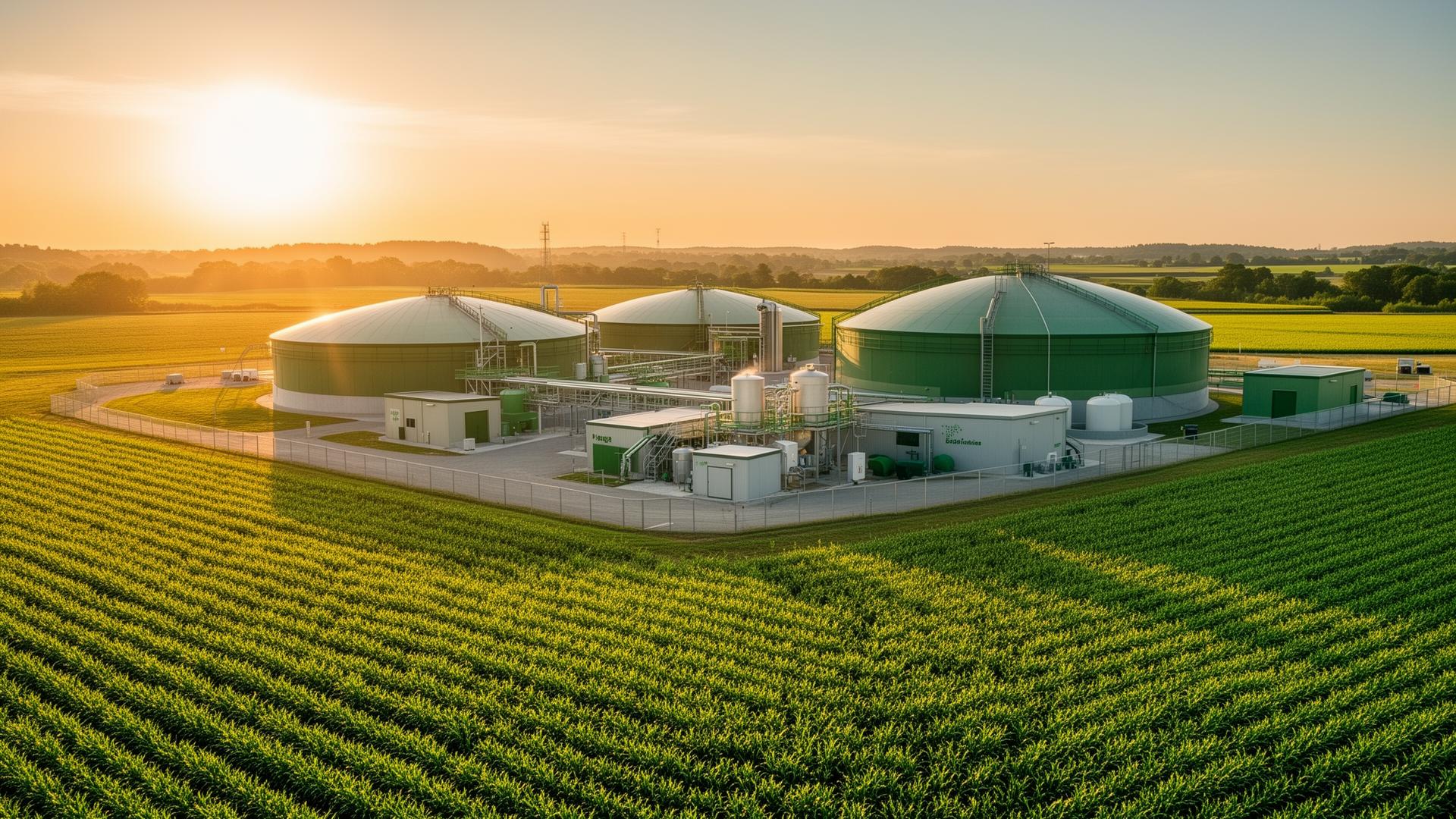 Zohar Bio Systems waste-to-energy biogas facility beside green crop fields at sunset
